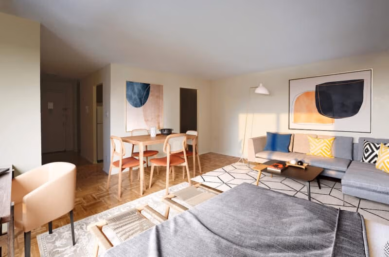 Furnished apartment interior with a kitchen for a multi-week stay